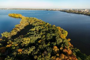 Aerial view of Picnic Point and lake