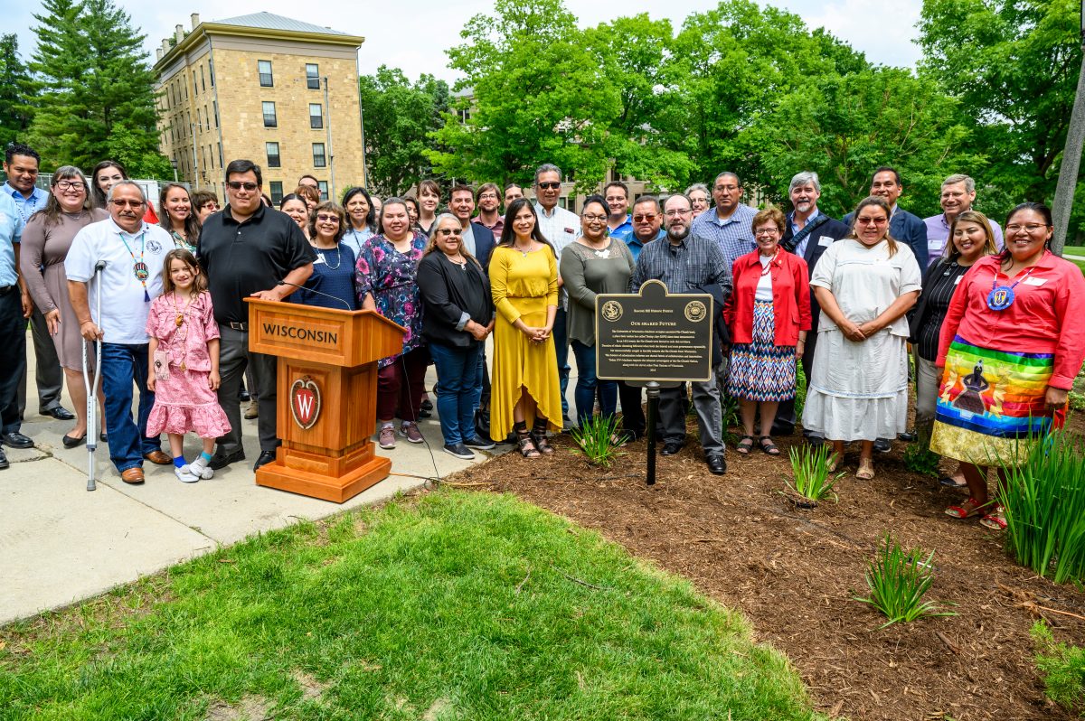 Dozens of Ho-Chunk leaders and citizens attend the dedication of UW-Madison’s Our Shared Future plaque