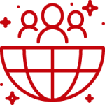 Line art image of a globe and three people