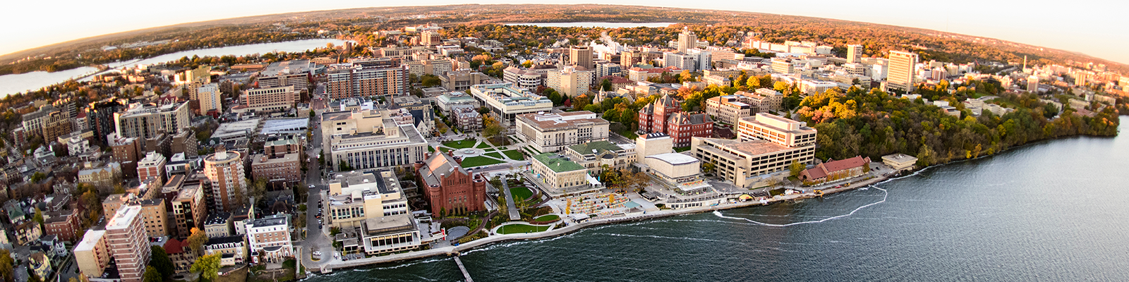 Aerial view of the UW Madison campus and lakeshore