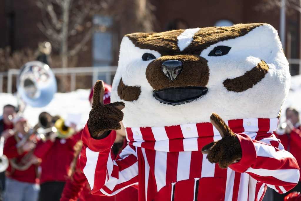 Bucky Badger cheers during the Wisconsin Union Winter Carnival.