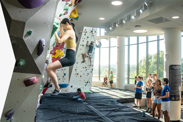 Student climbs the rock wall at the Bakke Recreation u0026 Wellbeing Center