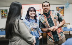 Bobbi Skenandore with Dallas Goldtooth - 2023 Native November Keynote speaker - at the VIP Meet and Greet portion of the keynote address. Photo credit: Rob San Juan 