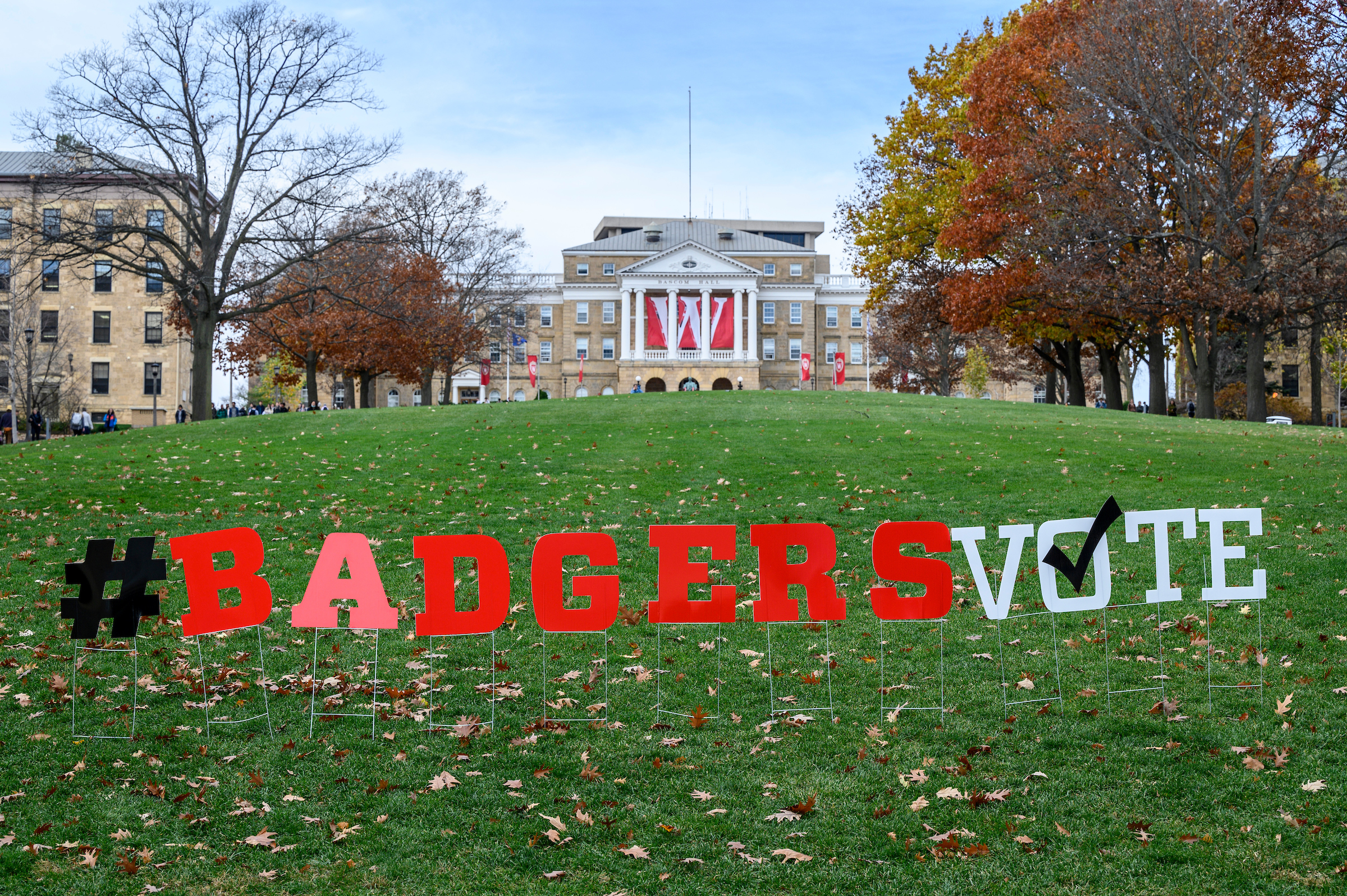 #BadgersVote letters adorn the bottom of Bascom Hill.