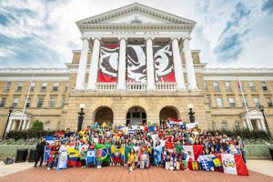 Members of the UW–Madison Latine community celebrated last year's kick-off of Latine Heritage Month at the annual March up Bascom event at the University of Wisconsin-Madison on Sept. 15, 2023. Students and staff gathered at the bottom of the hill and then marched up carrying flags and playing music. (Photo by Bryce Richter / UW–Madison)