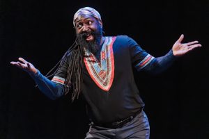 Antoine Hunter (aka PurpleFireCrow), founder and director of the Urban Jazz Co., compels the crowd during ‘An Evening with Antoine Hunter: Performance, Lecture, Discussion,’ October 7, 2024, Shannon Hall, Memorial Union. (Photo by Robert San Juan/ UW-Madison) 