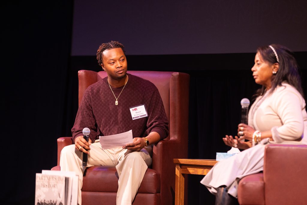 Osose Inegbenoise (L) and Donzaleigh Abernathy (R) speak
