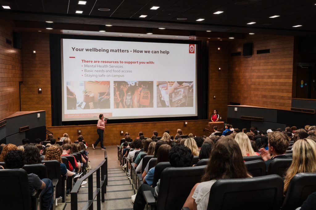 UW-Madison Dean of Students, Christina Olstad, highlights key campus services that promote wellbeing, including mental health support, food access, and safety resources at SOAR 2025.