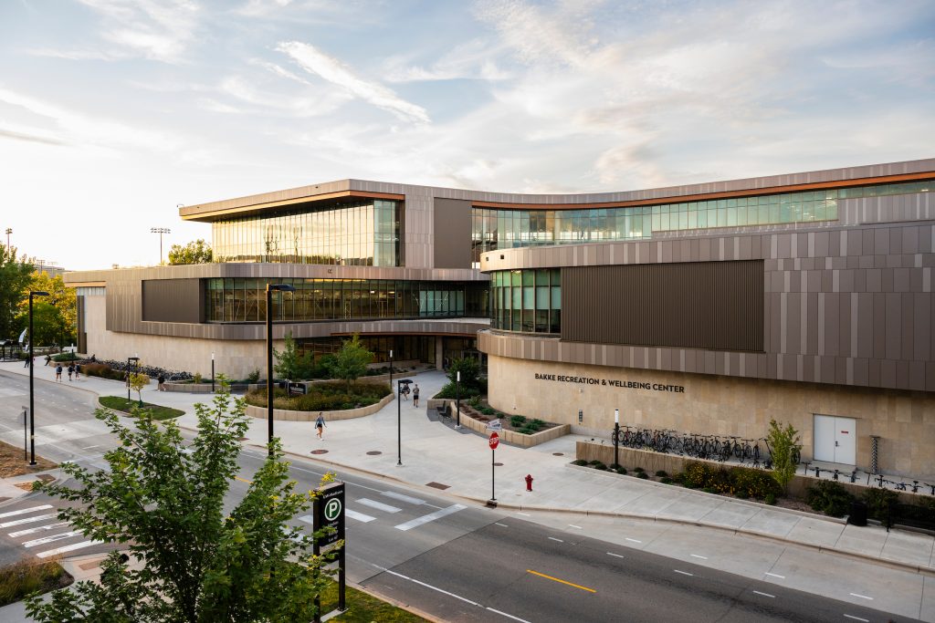 Exterior of the Bakke Recreation and Wellbeing Center.