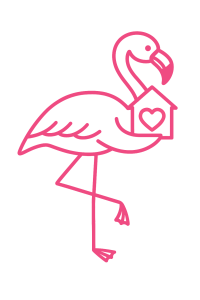 Line art of flamingo holding a birdhouse.