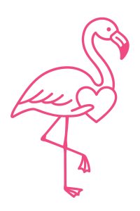 Line art of flamingo holding a heart.