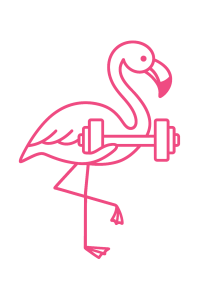 Line art of flamingo holding a dumbbell.