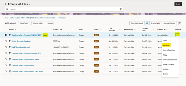 A screenshot of Eloqua showing how to rename a file