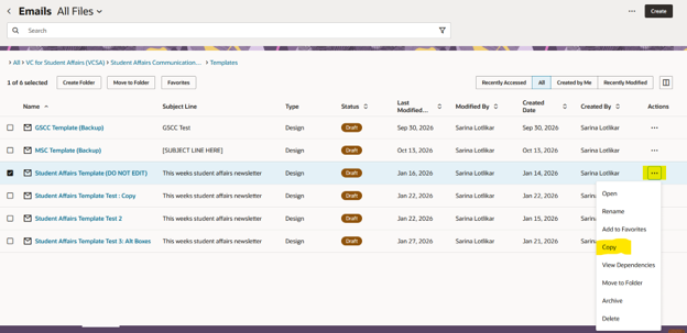 A screenshot of Eloqua showing how to copy an email