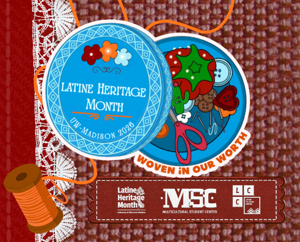 Latine Heritage Month logo with red woven pattern in background with blue discs displaying woven in our worth. 